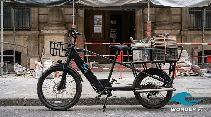 Le vélo cargo Wonder Eco chargé d'une caisse de carreaux, d'un seau et d'outils de carreleur, devant un immeuble en rénovation.