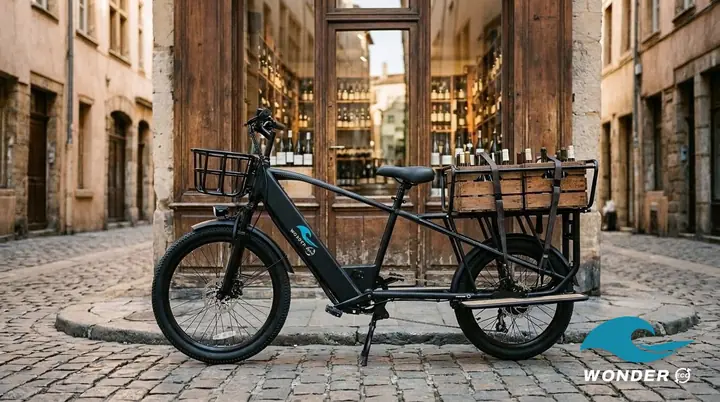 Le vélo cargo Wonder Eco chargé de deux caisses de bouteilles de vin, devant une cave à la façade en bois sombre du Vieux Lyon.