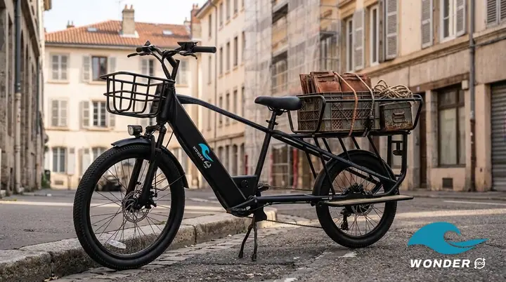 Le vélo cargo Wonder Eco chargé d'une caisse à outils, d'une corde et de quelques tuiles, au pied d'un immeuble aux toits de tuiles.