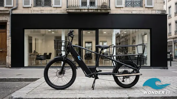 Le vélo cargo Wonder Eco garé devant un salon de coiffure à la façade noire.