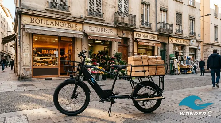 Le vélo cargo devant une rangée de commerces : boulangerie, fleuriste, fromagerie, quincaillerie.