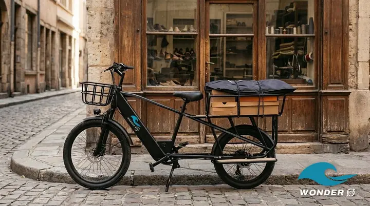 Le vélo cargo Wonder Eco chargé de boîtes à chaussures et d'un vêtement sous housse, devant un atelier de cordonnerie de la Presqu'île.