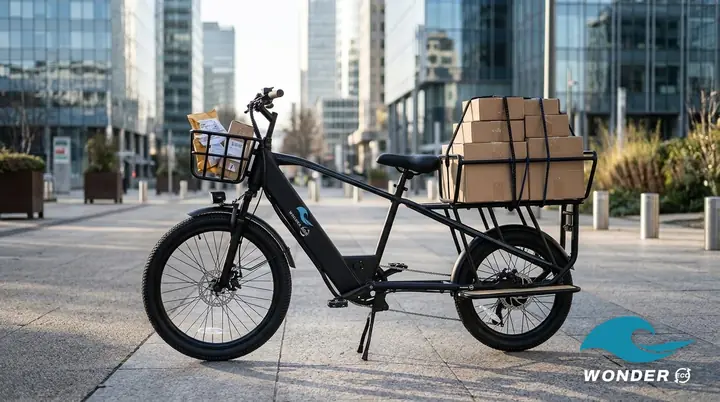 Le vélo cargo Wonder Eco chargé d'une pile de colis en carton, devant les tours de bureaux de la Part-Dieu.