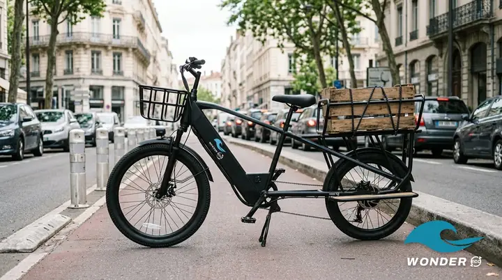 Le vélo cargo Wonder Eco sur une piste cyclable séparée, devant un boulevard lyonnais embouteillé.