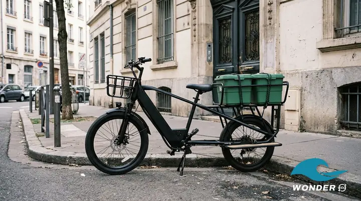 Le vélo cargo Wonder Eco chargé de deux bacs à compost verts fermés, devant l'entrée d'un immeuble lyonnais.
