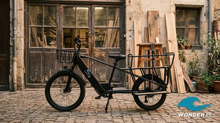 Le vélo cargo Wonder Eco devant un atelier d'ébénisterie, des planches de bois appuyées contre le mur.