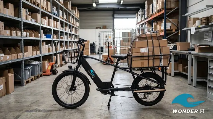 Le vélo cargo Wonder Eco chargé de colis empilés, dans l'allée d'un petit entrepôt urbain aux rayonnages métalliques.