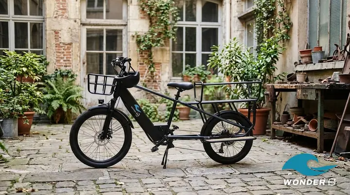 Le vélo cargo Wonder Eco sur sa béquille dans la cour d'une entreprise lyonnaise, un casque accroché au guidon.