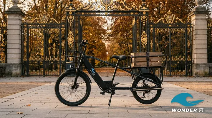 Le vélo cargo Wonder Eco devant les grilles dorées du parc de la Tête d'Or, en automne.