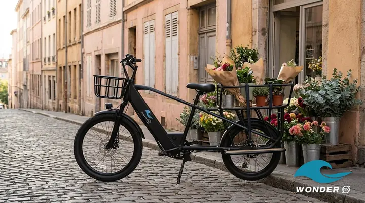 Le vélo cargo Wonder Eco chargé de bouquets et de plantes en pot devant une boutique de fleuriste, sur les pentes de la Croix-Rousse.