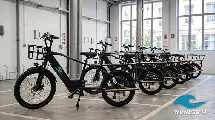 Le vélo cargo Wonder Eco au premier plan d'un local à vélos lumineux, d'autres vélos identiques alignés derrière lui.