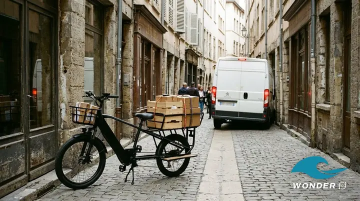 Dans une ruelle du Vieux Lyon, un fourgon bloqué, et le vélo cargo garé devant la porte.