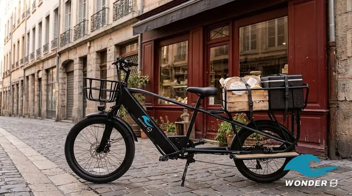 Le vélo cargo Wonder Eco chargé d'une caisse de meules de fromage emballées et d'un caisson isotherme, devant une fromagerie de la Presqu'île.