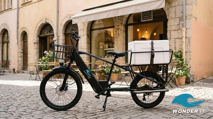 Le vélo cargo Wonder Eco chargé d'un caisson isotherme blanc, devant un glacier aux couleurs pastel du Vieux Lyon.