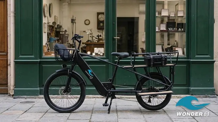 Le vélo cargo Wonder Eco devant un atelier d'horlogerie à la façade vert foncé, une mallette fermée dans le panier avant.