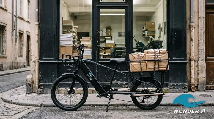 Le vélo cargo Wonder Eco chargé de paquets de papier imprimé, devant une imprimerie de la Croix-Rousse.