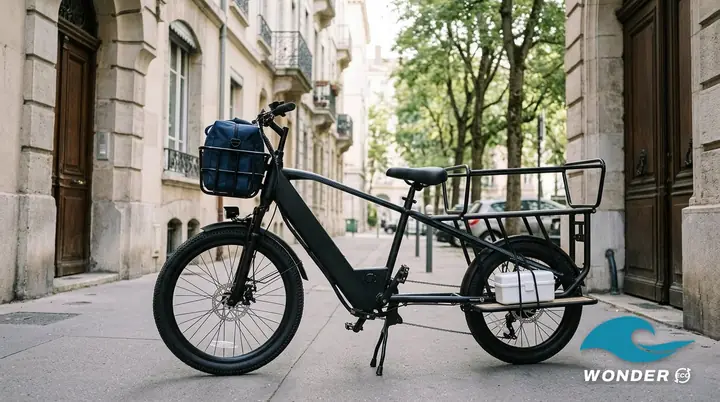 Le vélo cargo Wonder Eco garé devant l'entrée d'un immeuble, une sacoche de soins bleu marine dans le panier avant et une mallette blanche sur le plateau.