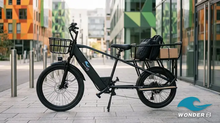 Le vélo cargo Wonder Eco chargé de deux sacoches d'ordinateur et d'une boîte de pièces, devant des bureaux du quartier de la Confluence.