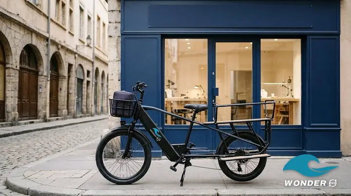 Le vélo cargo Wonder Eco devant un atelier de joaillerie à la façade bleu marine, une mallette fermée dans le panier.
