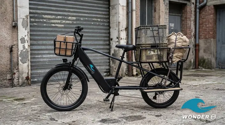 Le vélo cargo Wonder Eco chargé de deux caisses lourdes et d'un sac, dans la cour de chargement d'un petit entrepôt lyonnais.