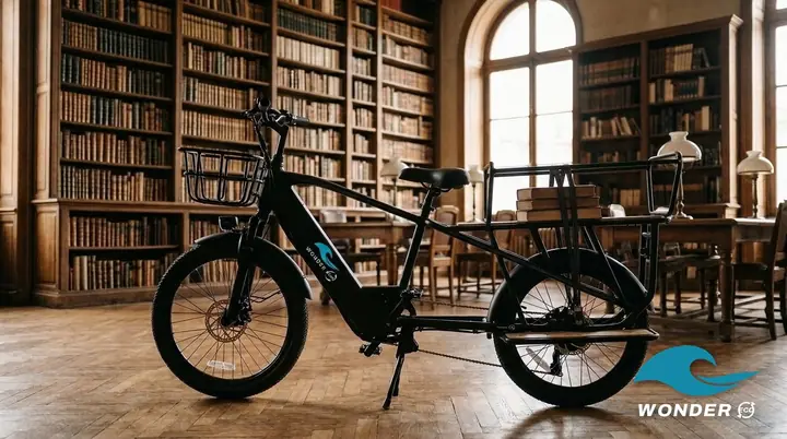 Le vélo cargo Wonder Eco dans une salle de lecture aux grandes bibliothèques en bois, des livres sanglés sur le plateau.
