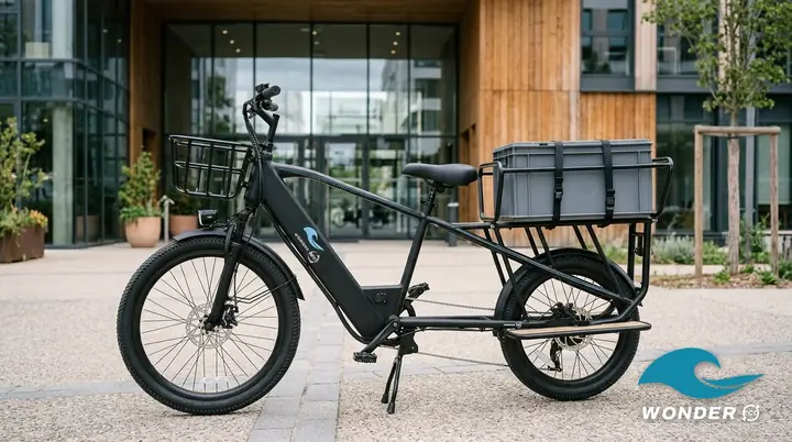 Le vélo cargo Wonder Eco garé devant l'entrée d'un immeuble de bureaux du quartier de Gerland.