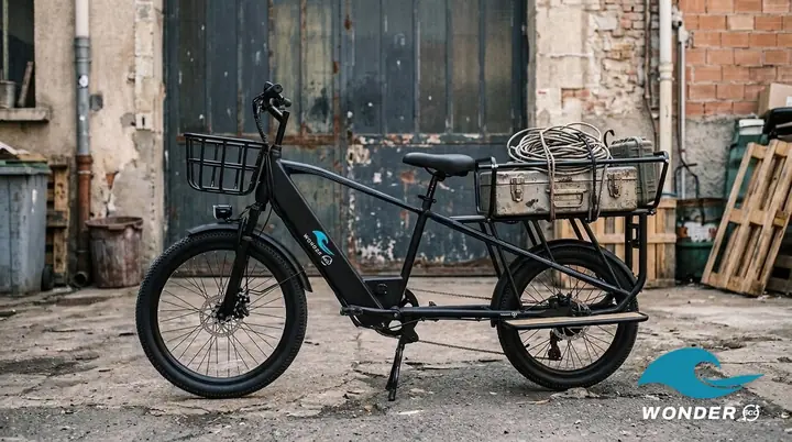 Le vélo cargo Wonder Eco chargé d'une caisse à outils, d'une couronne de câble et d'une mallette de pièces, devant un atelier.