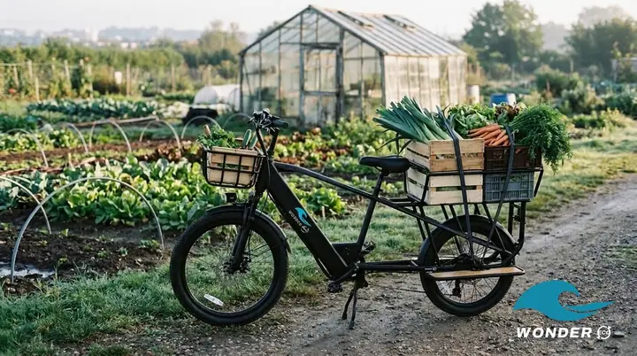 Le vélo cargo Wonder Eco chargé de cagettes de légumes frais, dans l'allée d'un jardin maraîcher en bordure de Lyon.
