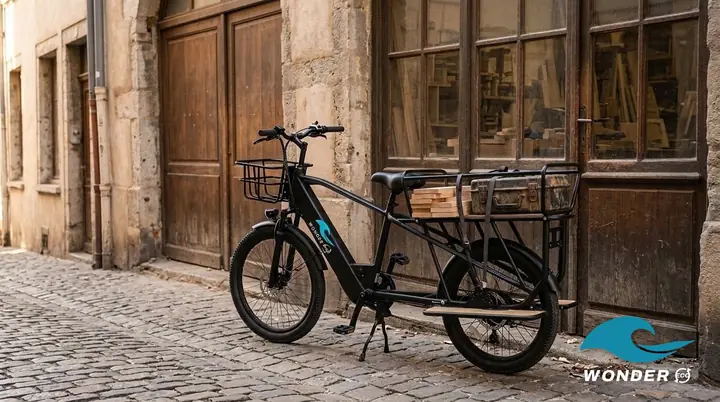 Le vélo cargo Wonder Eco devant un atelier de menuiserie aux portes en bois, sur les pentes de la Croix-Rousse.