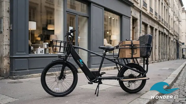 Le vélo cargo Wonder Eco chargé d'un petit appareil en carton et d'un coussin, devant un magasin d'équipement de la maison.