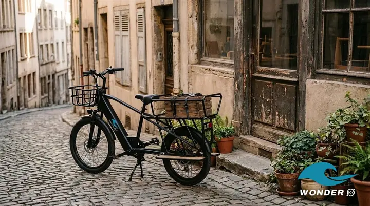 Le vélo cargo Wonder Eco contre le mur d'un petit atelier aux plantes en pot, sur les pentes de la Croix-Rousse.