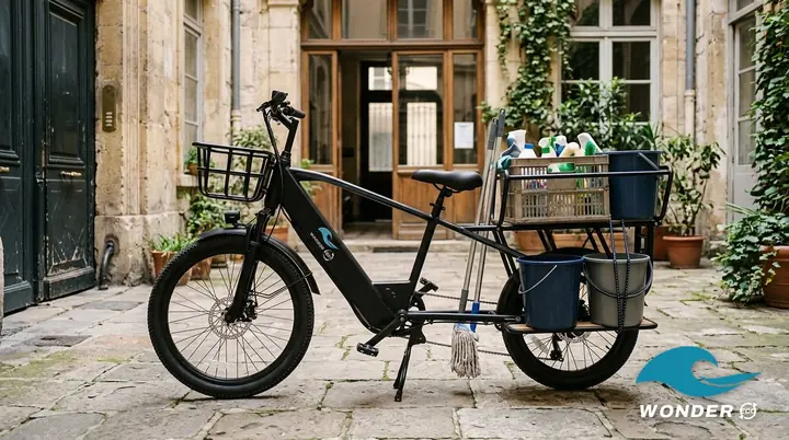 Le vélo cargo Wonder Eco chargé de produits d'entretien, d'un balai et de seaux, dans la cour d'un immeuble lyonnais.