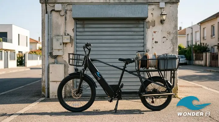 Le vélo cargo Wonder Eco chargé de deux tourets de câble électrique et d'une caisse à outils, devant un atelier d'électricien à Vaulx-en-Velin.