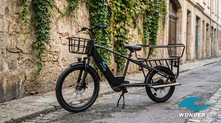 Le vélo cargo Wonder Eco garé seul contre un vieux mur de pierre couvert de lierre, dans une rue calme de Lyon.