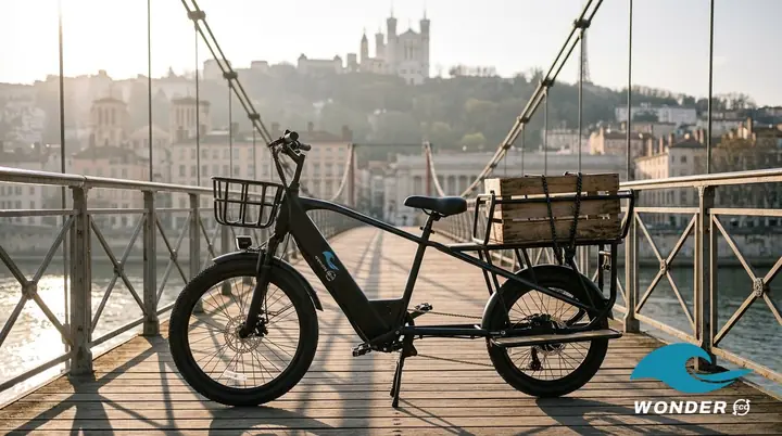 Le vélo cargo Wonder Eco sur une passerelle au-dessus de la Saône au lever du soleil, Fourvière en arrière-plan.