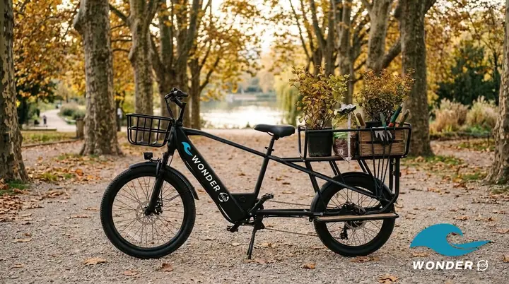 Le vélo cargo Wonder Eco chargé d'arbustes en pot, d'un sac de terreau et d'une caisse d'outils, dans une allée de parc aux feuilles d'automne.