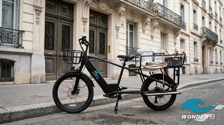 Le vélo cargo Wonder Eco chargé de pots de peinture, d'une bâche pliée et d'une caisse de rouleaux, devant un immeuble des Brotteaux.