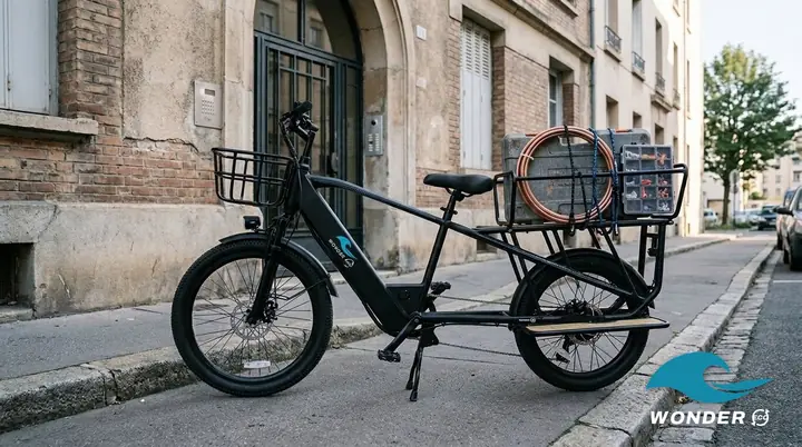 Le vélo cargo Wonder Eco chargé d'une caisse à outils, d'une couronne de tube cuivre et d'une mallette de raccords, devant un immeuble de Villeurbanne.