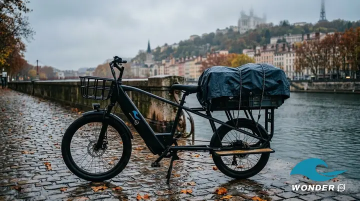 Le vélo cargo Wonder Eco sur les pavés mouillés d'un quai de Saône, son chargement bâché, Fourvière dans la brume.