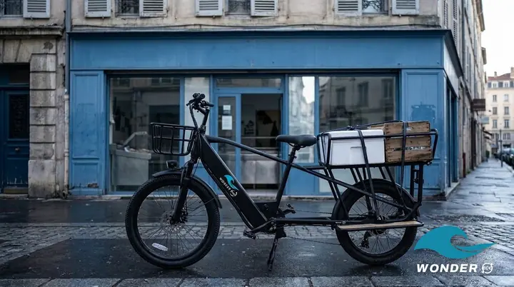 Le vélo cargo Wonder Eco chargé d'un caisson isotherme et d'une caisse, devant une poissonnerie à la façade bleue, un matin de pluie.