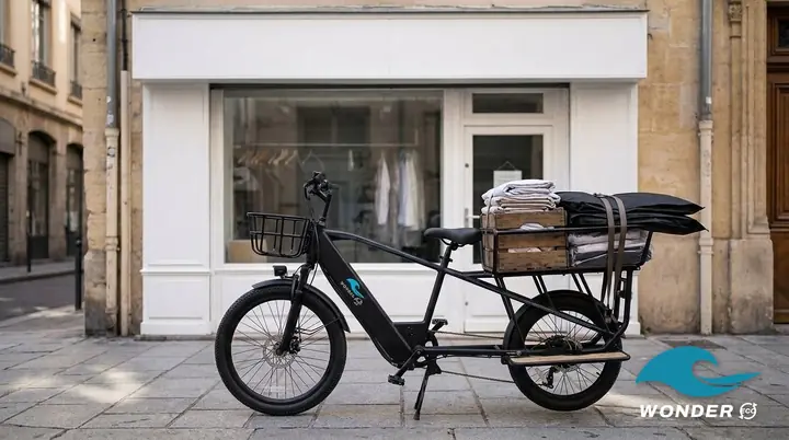 Le vélo cargo Wonder Eco chargé de linge plié et de vêtements sous housse, devant un pressing à la façade blanche.