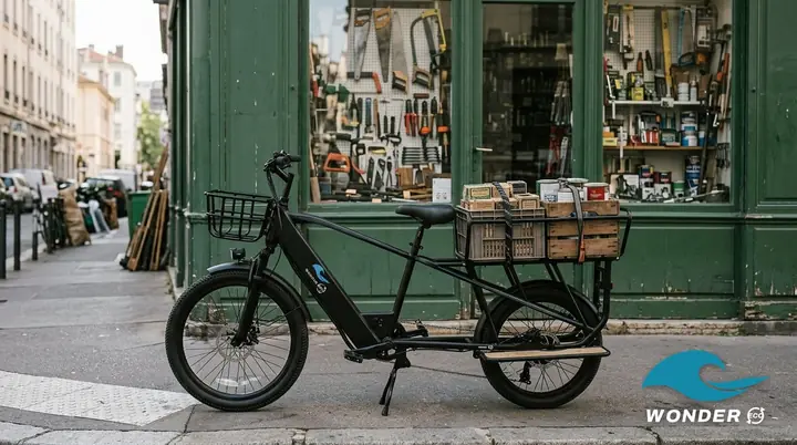 Le vélo cargo Wonder Eco chargé de caisses de quincaillerie et de pots de peinture, devant une quincaillerie à la façade verte.