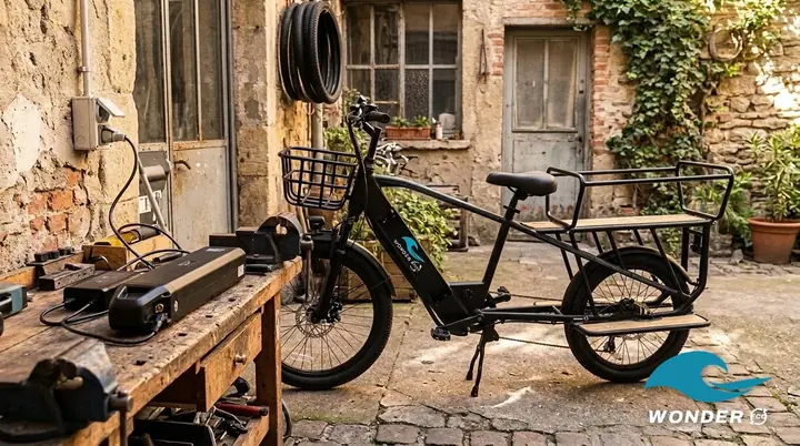 Le vélo cargo Wonder Eco garé dans une cour d'atelier ensoleillée, près d'un établi et d'une prise de recharge.