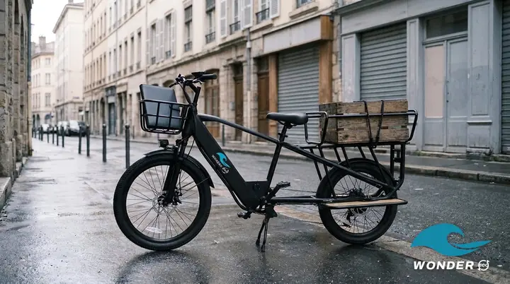 Le vélo cargo Wonder Eco garé sur la Grande Rue de la Croix-Rousse au petit matin, un dossier dans le panier avant.