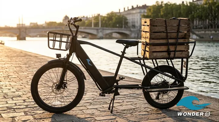 Le vélo cargo Wonder Eco lourdement chargé de trois caisses sur les quais du Rhône, au coucher du soleil.