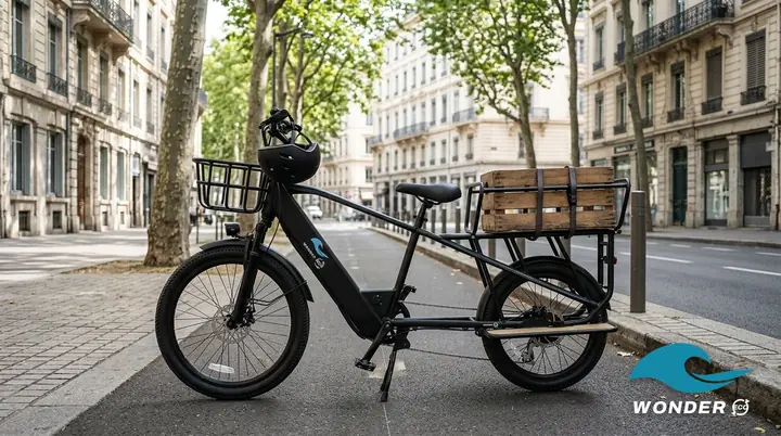 Le vélo cargo Wonder Eco sur une piste cyclable protégée, un casque accroché au guidon, une caisse sanglée bas sur le plateau.