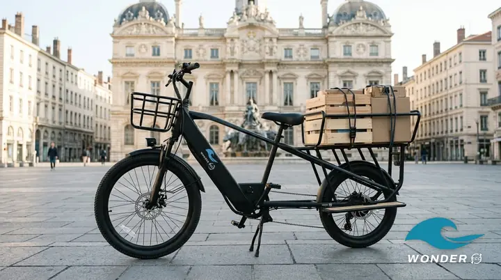 Le vélo cargo Wonder Eco chargé de caisses, place des Terreaux, devant l'Hôtel de Ville de Lyon.