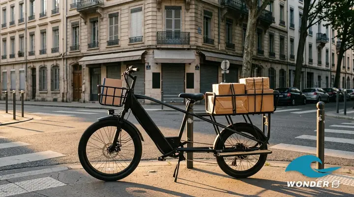Le vélo cargo Wonder Eco chargé de colis à un carrefour désert du 7ᵉ arrondissement, au lever du soleil.