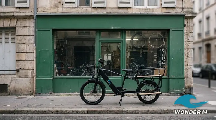 Le vélo cargo Wonder Eco garé devant la vitrine d'un magasin de vélos à la façade vert foncé, à la Guillotière.