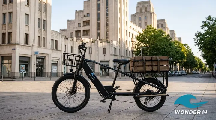 Le vélo cargo Wonder Eco chargé de deux caisses, devant les tours Art déco des Gratte-Ciel à Villeurbanne.